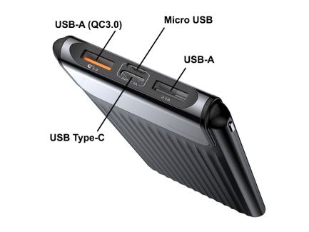 Baseus PPYZ-C01 Thin Digital Power Bank 10000 mAh QC3.0 2x USB 1x USB Type C 2.1A  Μαύρο